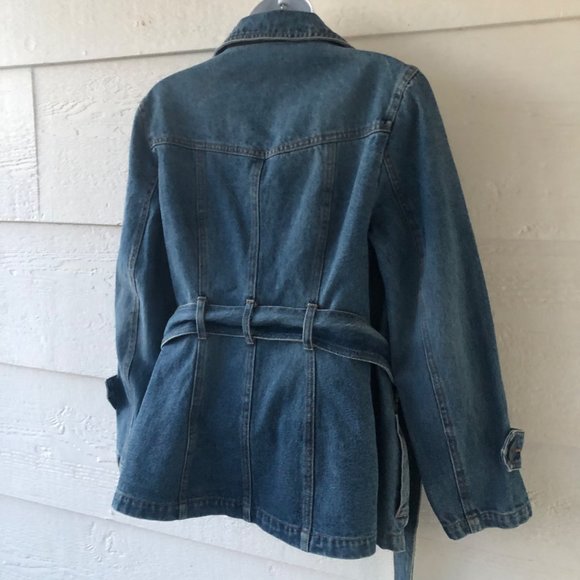 Rampage Size Med Vintage Double Breasted Belted Blue Denim Jacket with Pockets - Picture 15 of 16